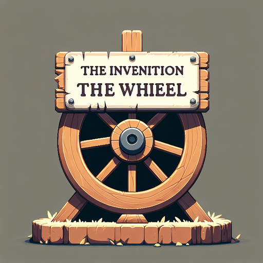 An animated image of a wooden wheel with a sign: The invention of the wheel.
Single Game Texture. In-Game asset. 2d. Blank background. High contrast. No shadows.