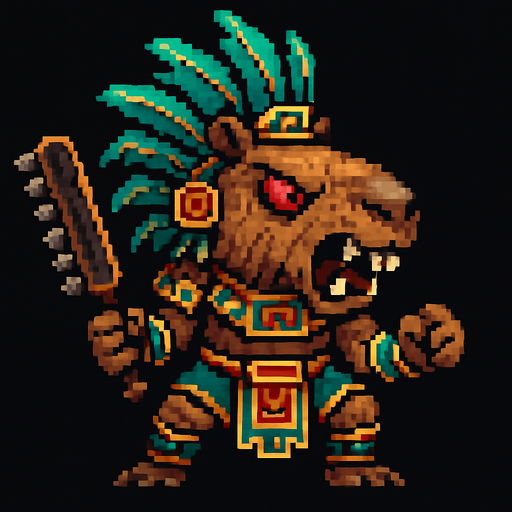 Genérame una Capibara guerrero azteca con eso patrones, estilo pixelar, con una apariencia maligna, ojos rojos, rabioso. Unidad cuerpo a cuerpo. Animal.
In-Game asset.  2d.  High contrast.  No shadows