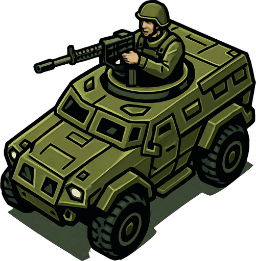 Paletli zırhlı araç araçta taramalı tüfek ve başında asker var üstten bakış.
In-Game asset.  2d.  High contrast.  No shadows