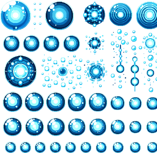A sprite sheet of blue force field bubbles.
Single Game Texture. In-Game asset. 2d. Blank background. High contrast. No shadows.