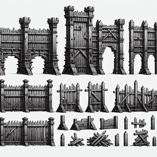 A spritesheet of tall wooden barricades and pallisades from medieval times, including some frames where these have been destroyed and broken into smaller parts..
Single Game Texture. In-Game asset. 2d. Blank background. High contrast. No shadows.