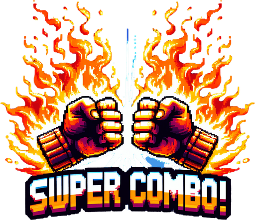 Text SUPER COMBO! Gradient, Fists In fire.
Single Game Texture. In-Game asset. 2d. Blank background. High contrast. No shadows, Detailed Pixel art style