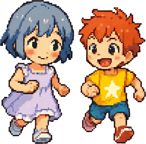 Yui y un niño anime, ambos de 5 o 6 años, corren por un parque soleado en una carrera infantil. Yui tiene el cabello corto, suave, azul grisáceo (HEX: #b0b9d8) y ojos negros. Lleva un vestido lavanda claro con volantes blancos y zapatillas blancas con detalles rosa pastel. Sonríe tímidamente con mejillas sonrojadas mientras corre con pasos pequeños.

El niño tiene cabello pelirrojo alborotado y ojos rojos intensos. Lleva una camiseta amarilla brillante con una estrella blanca, pantalones cortos azul claro y zapatillas rojas. Corre con energía, sonriendo ampliamente, mirando a Yui con entusiasmo.

La escena está en Pixel Art, con césped verde, árboles y pétalos flotando. Ambos se ven felices, reflejando un momento puro de infancia.