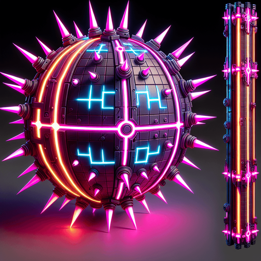 electrical neon colored cyberpunk sphere barrier with spikes.
Single Game Texture. In-Game asset. 2d. Blank background. High contrast. No shadows.