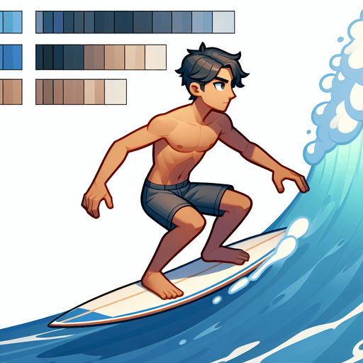 A surfer standing and riding on a surfboard. Side profile. Cartoon. Full body. 
Single Game Texture.  In-Game asset.  2d.  Blank background.  High contrast.  No shadows