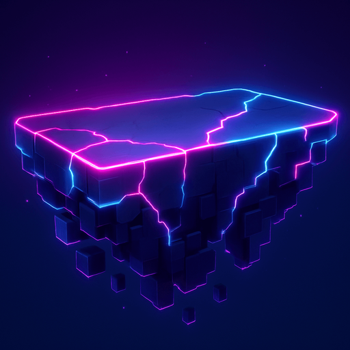 Neon cyberpunk glowing hologram flat platforming cracked crumbling