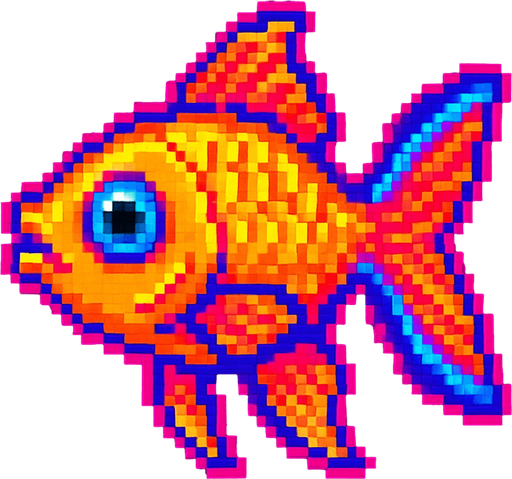 A golden fish. 80s arcade machine graphics..
In-Game asset.  2d.  High contrast.  No shadows