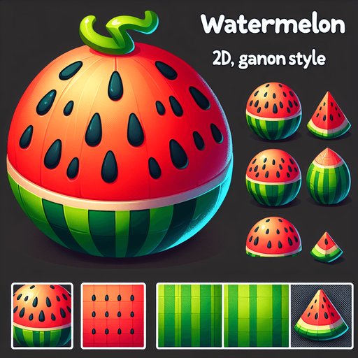 watermelon,cartoon,2d,blank background.
Single Game Texture.  In-Game asset.  2d.  Blank background.  High contrast.  No shadows