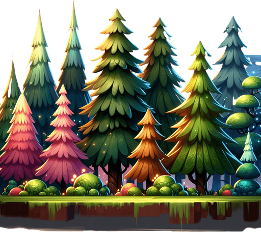 A group of stylized mid-ground trees for a vibrant 2D side-scrolling game. The trees should be clustered together, featuring a mix of pine and deciduous trees with slightly exaggerated shapes and soft shading. The colors should be rich and vibrant, blending well with a semi-realistic fantasy environment. Some trees should have glowing highlights on the edges for a magical effect. The background should be slightly blurred to create depth, with a painterly texture.".
Single Game Texture.  In-Game asset.  2d.  Blank background.  High contrast.  No shadows