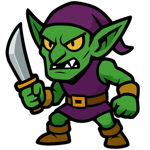 Green goblin without backround.
In-Game asset.  2d.  High contrast.  No shadows