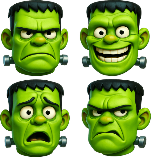 3D frankenstein Scary and funny cute face meme. different faces look. face only
In-Game asset.  3D.  High contrast.  No shadows