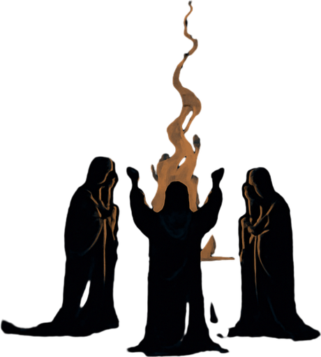 A forgotten mountain temple shrouded in shadow, stone statues with cracks, cloaked worshippers performing a dark ritual, vines crawling over walls, realistic.
In-Game asset.  2d.  High contrast.  No shadows