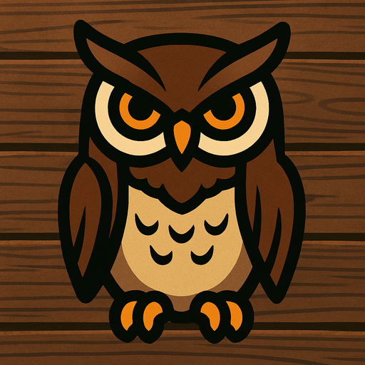 Owl Image with wooden background.
In-Game asset.  2d.  High contrast.  No shadows
