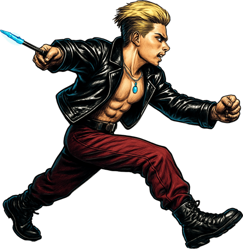 Arm positions & leg positions switched, reversed, Cyberpunk manga, side profile view running animation frames, shiny black leather biker jacket longsleeves shirtless thin abs pecs necklaces gemstone tipped wand, action shot wand pointed straight in front arm extended wand casting spell fierce fashion pose animation blonde undercut pompadour, vampire fangs, wine red joggers, combat boots, Background removed, "Full-body character, entirely in frame, no cropping of face, head, or feet" "Complete character visible, from head to toe, fully centered in the image" "Entire character, including face and boots, fully within the frame" Character fully contained within a square frame, no edges cut off,