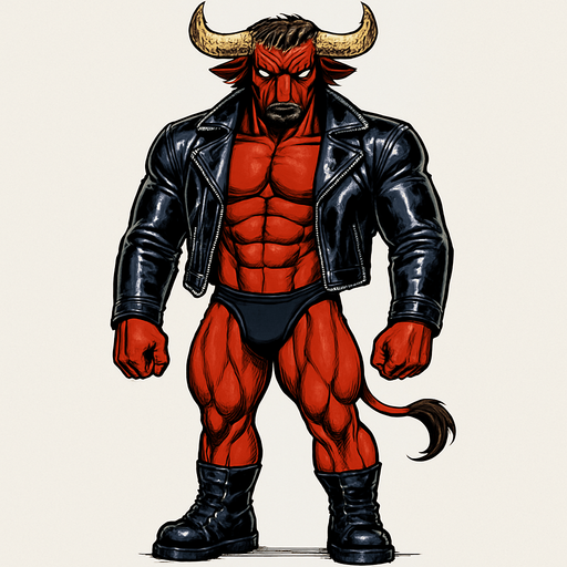 idle animation hunky Minotaur man Cyberpunk manga, minotaur monster hunk, shiny black leather biker jacket longsleeves shirtless muscles, jockstrap combat boots, Background removed, "Full-body character, entirely in frame, no cropping of face, head, or feet" "Complete character visible, from horns to hooves, fully centered in the image" "Entire character, including face and boots, fully within the frame" Character fully contained within a square frame, no edges cut off fashion model idle pose