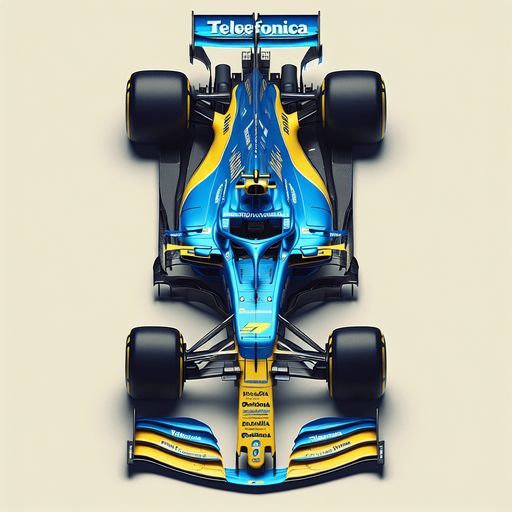F1 Renaiult race car. Top View. Skyblue and yellow body with deepblue stripes. Deepblue rearwing. Sponsor: "Telefonica"text neonyellow. White"Team Spirit" on front wing. Deepblue"RENAiULT" text on body..
Single Game Texture. In-Game asset. 2d. Blank background. High contrast. No shadows.