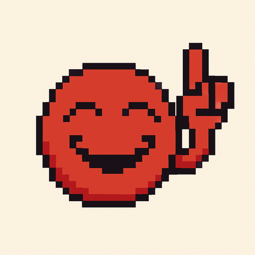 make 2d red pixel ,pointing up with the index finger with smile and close eyes.
In-Game asset.  2d.  High contrast.  No shadows
