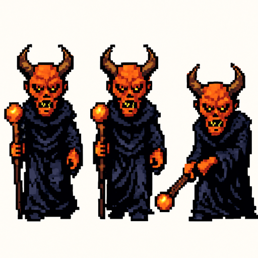 A sprite sheet for grotesque demonic sorcerer with a staff. Two walking sprites with alternating legs and one attack sprite where the staff is lowered and aimed to shoot a spell. Straight on front view. Retro pixelated art.. white background
In-Game asset.  2d.  High contrast.  No shadows
