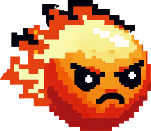 Fireball with angry face.
Single Game Texture. In-Game asset. 2d. Blank background. High contrast. No shadows. 8 bit