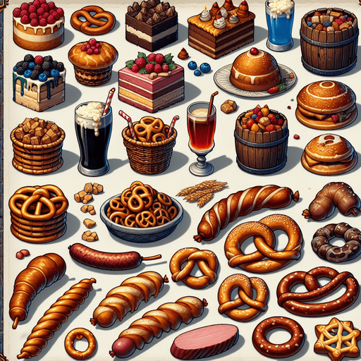 A spritesheet full of different delicious medieval cakes, snacks, pretzels, sausages, hams, and beverages..
Single Game Texture. In-Game asset. 2d. Blank background. High contrast. No shadows.