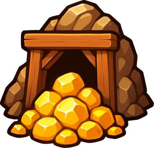 Crea un nodo de recurso de Mina de Oro en un estilo 2D renderizado, limpio y cartoonish, con contornos claros y definidos, colores vibrantes con transiciones suaves, y sombreado que dé volumen. Debe ser fácilmente reconocible como una fuente de oro..
In-Game asset.  2d.  High contrast.  No shadows