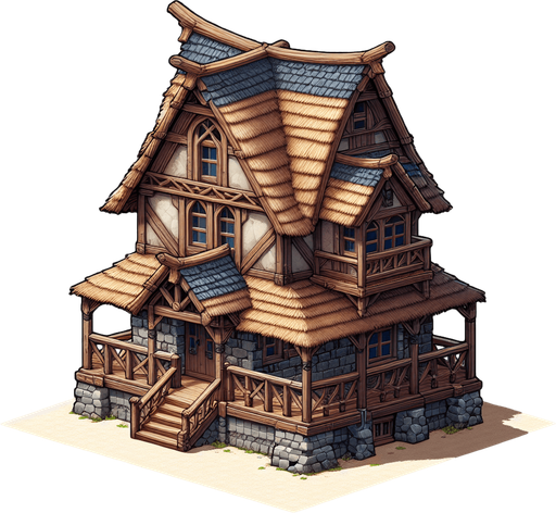 a house in a warcraft 2 style Single Game Texture. In-Game asset. 2d. Blank background. High contrast. No shadows.