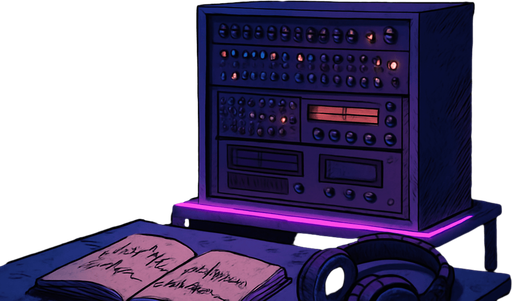 A 2048x2732 vertical background illustration in a semi-realistic comic book style. The scene shows a quiet corner of the same small urban apartment, viewed from a different angle than the main menu. This part of the room features a vintage sound mixing rack, ambient LED lights softly glowing in purple and blue tones, and a corkboard on the wall filled with pinned notes, small polaroid photos, and scribbled music ideas. An open sketchbook with waveform doodles lies on a side table, and worn-out headphones rest beside it. A faint rain still falls outside the partially visible window, casting reflections on the floor. The overall mood remains lo-fi, introspective, and musically charged. No characters, no text — just a lived-in, creative space for the settings menu backdrop..
In-Game asset.  2d.  High contrast.  No shadows