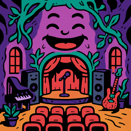 escenario de una Sala de Conciertos Viviente.
In-Game asset.  2d.  High contrast.  No shadows