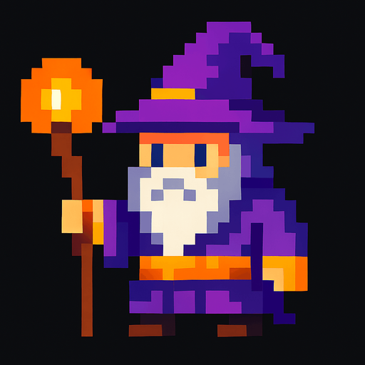 piksel büyücü.
In-Game asset.  2d.  High contrast.  No shadows