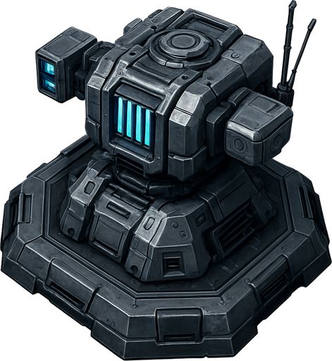 Namlusu olmayan, Teknolojik askeri kule, üstten görünüm, gerçekçi, yazısız.
In-Game asset.  High contrast.  No shadows
