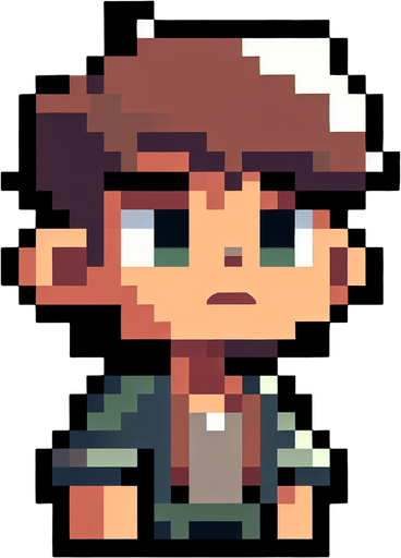 a boy who is lost and sad, now background and only a few pixels.
Single Game Texture. In-Game asset. 2d. Blank background. blocky contrast. round shadows.