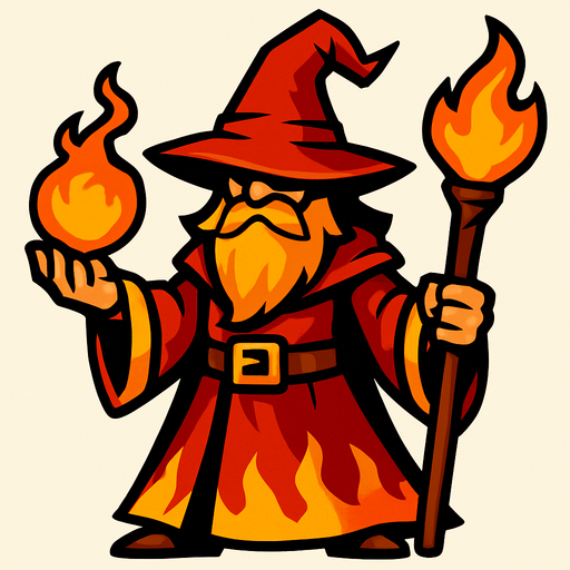 a fire wizard.
In-Game asset.  2d.  High contrast.  No shadows
