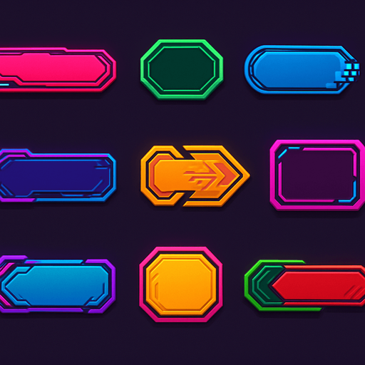 Buttons assets. cyberpunk. abstract. futuer. different colors. HD colors.
In-Game asset.  2d.  High contrast.  No shadows