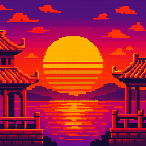 A chinese pixel background of an arcade game, sunset, retro style,.
In-Game asset.  2d.  High contrast.  No shadows