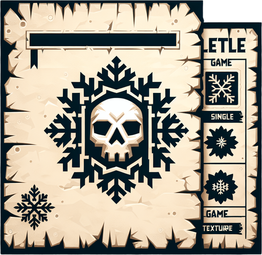 a pergament letter with the name "Deadly Snow". It has a snowflake in shape of a skull on it. Single Game Texture. In-Game asset. 2d. Blank background. High contrast. No shadows.