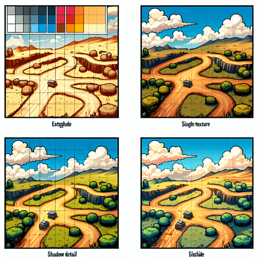 A plain in a comic style with a dirt road with 4 turn staring to top to the botom see from a top and 50 meter high view Single Game Texture. In-Game asset. 2d. Blank background. High contrast. No shadows.