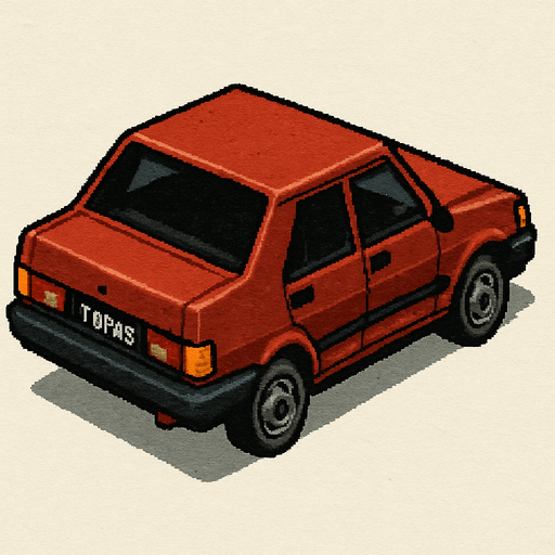 Tofaş turkish car, seen from behind 45 degree to the right

Top-down, gta2, Single Game Texture. In-Game asset. 2d. Blank background. High contrast. No shadows.isometric