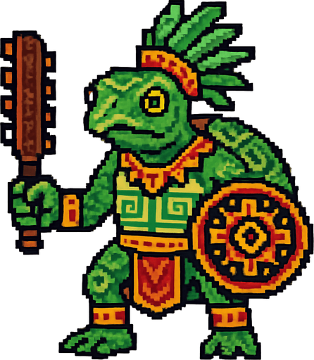 Generame un guerrero azteca con patrones, estilo pixelar, ademas sera un Tortuga de ciénaga colombiana humanoide.
In-Game asset.  2d.  High contrast.  No shadows