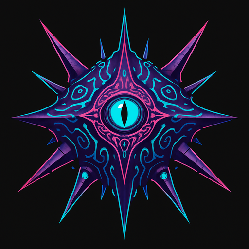 Alien mothership with spikes and glowing patterns and alien eye in middle.
In-Game asset.  2d.  High contrast.  No shadows