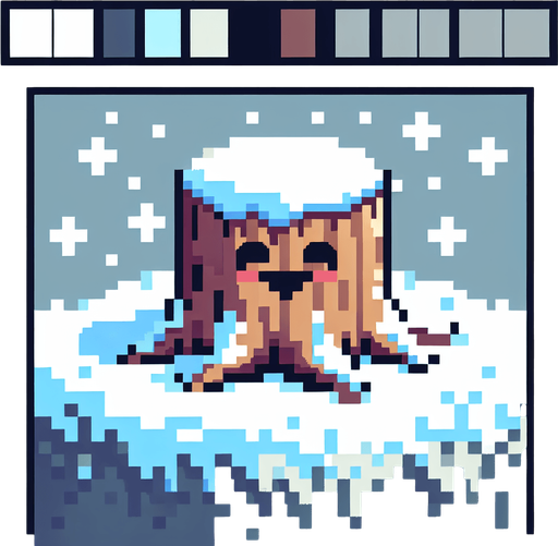 pixel art of a tree stump covered in snow. Single Game Texture. In-Game asset. 2d. Blank background. High contrast. No shadows.