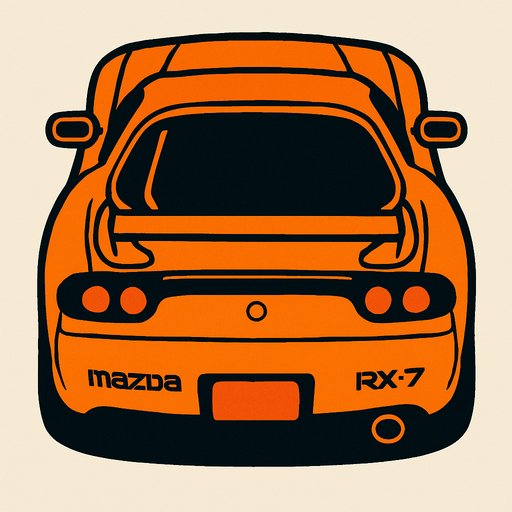 Turuncu mazda rx7 arkasi ama yukaridan
In-Game asset.  2d.  High contrast.  No shadows