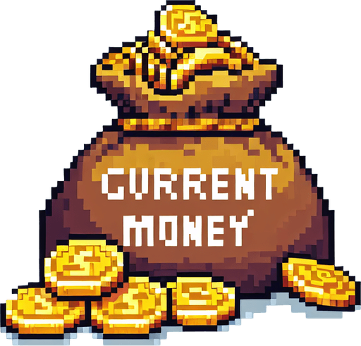 Genera una bolsa de monedas de oro que diga "current money" en pixel art.
Single Game Texture.  In-Game asset.  2d.  Blank background.  High contrast.  No shadows