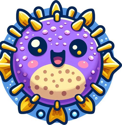 a game logo for a game called 'Bubble Blower Tycoon' about a happy purple pufferfish with yellow fins and spines that builds an underwater empire of bubbles. Cartoon.
Single Game Texture.  In-Game asset.  2d.  Blank background.  High contrast.  No shadows