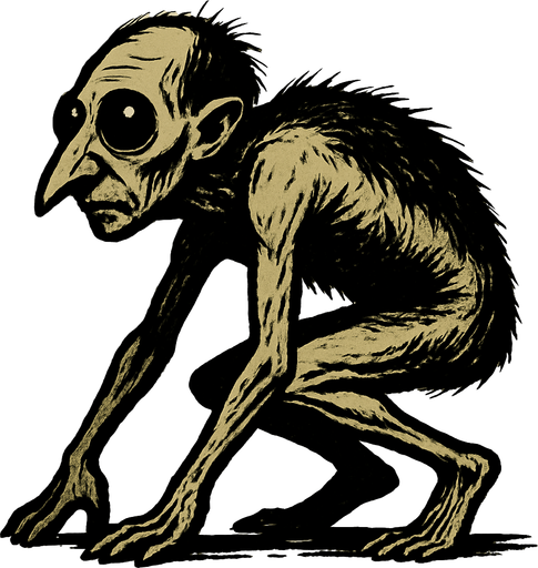 The image depicts a strange, humanoid creature with an unusual and unsettling appearance. It has a small, elongated head with a pointed nose and large, dark eyes that seem to bulge slightly. The creature has sparse, dark hair on its head, which appears messy and uneven. Its body is thin and frail, covered with patchy, coarse hair across its back and sides. The creature is crouched on all fours, with long, thin arms and legs that bend awkwardly. Its skin looks pale and wrinkled, and it has a hunched posture, as if it is crawling or moving slowly..
In-Game asset.  2d.  High contrast.  No shadows