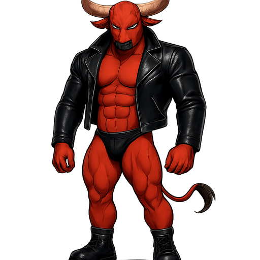 man Cyberpunk manga, minotaur monster hunk, shiny black leather biker jacket longsleeves shirtless muscles, jockstrap combat boots, Background removed, "Full-body character, entirely in frame, no cropping of face, head, or feet" "Complete character visible, from horns to hooves, fully centered in the image" "Entire character, including face and boots, fully within the frame" Character fully contained within a square frame, no edges cut off fashion model idle pose