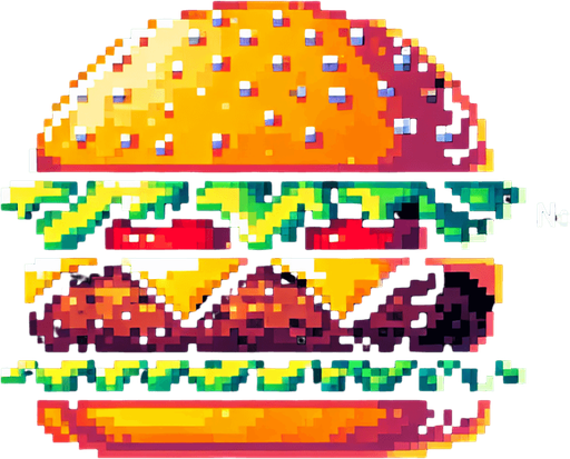 burger.
Single Game Texture. In-Game asset. 2d. Blank background. High contrast. No shadows. 8bit. no background.