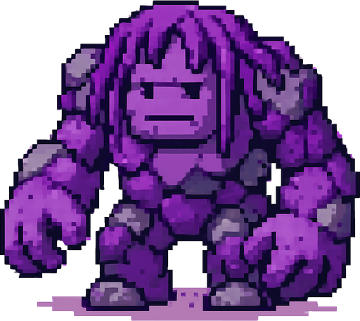 Genera una imagen de un monstruo corrupto morado de piedra qué no sea tan terrorífico, y que sea pixel.Y qué tenga manos grandes, y torso y que la cabeza no sea tan terrorífico, y no le ponga ojos perturbadores, y que su cabeza sea de un tamaño moderado no muy grande, que algo que si sea grande sea sus brazos, y que tenga algas moradas y que tenga algunas piedras moradas y otras piedras que no sean moradas qué sean grises 
In-Game asset.  2d.  High contrast.  No shadows.