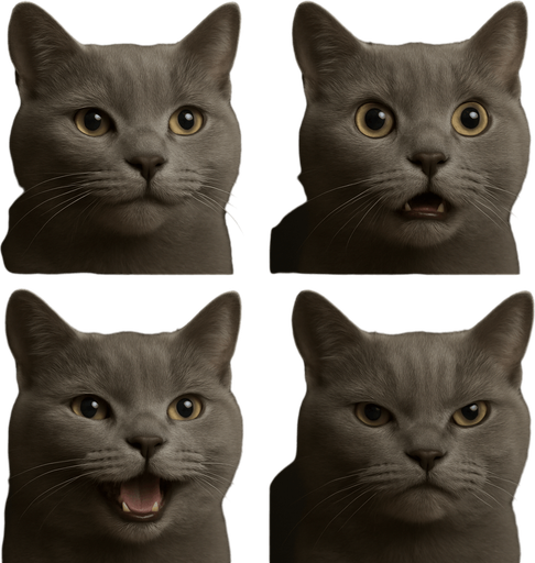 Sprite sheet of head only with different face expressions : smile, surprise, fear, laught, angry...