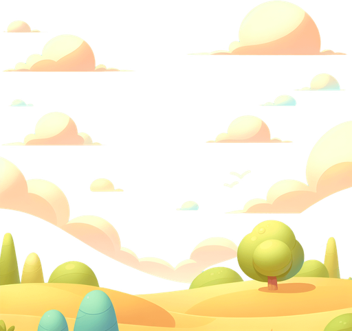 Design a serene and minimalist game background set against a clear blue sky, embodying a light-hearted, cartoony atmosphere. The landscape is uncomplicated, featuring gentle rolling hills and sparse, stylized trees in soft pastel colors. This simplicity ensures the scene remains tranquil and inviting, perfect for creating a balanced and cheerful backdrop that welcomes players into a whimsical yet peaceful gaming world, without any distractions in the sky.
Single Game Texture. In-Game asset. 2d. Blank background. High contrast. No shadows.