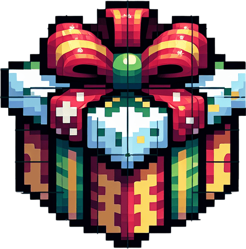 pixeled Christmas present Single Game Texture. In-Game asset. 2d. Blank background. High contrast. No shadows.